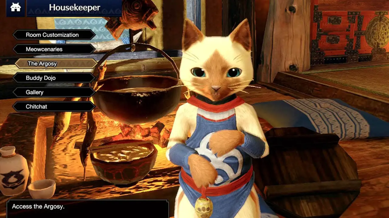 A cat with cooking pots behind it with a list of options to hte left of the screen