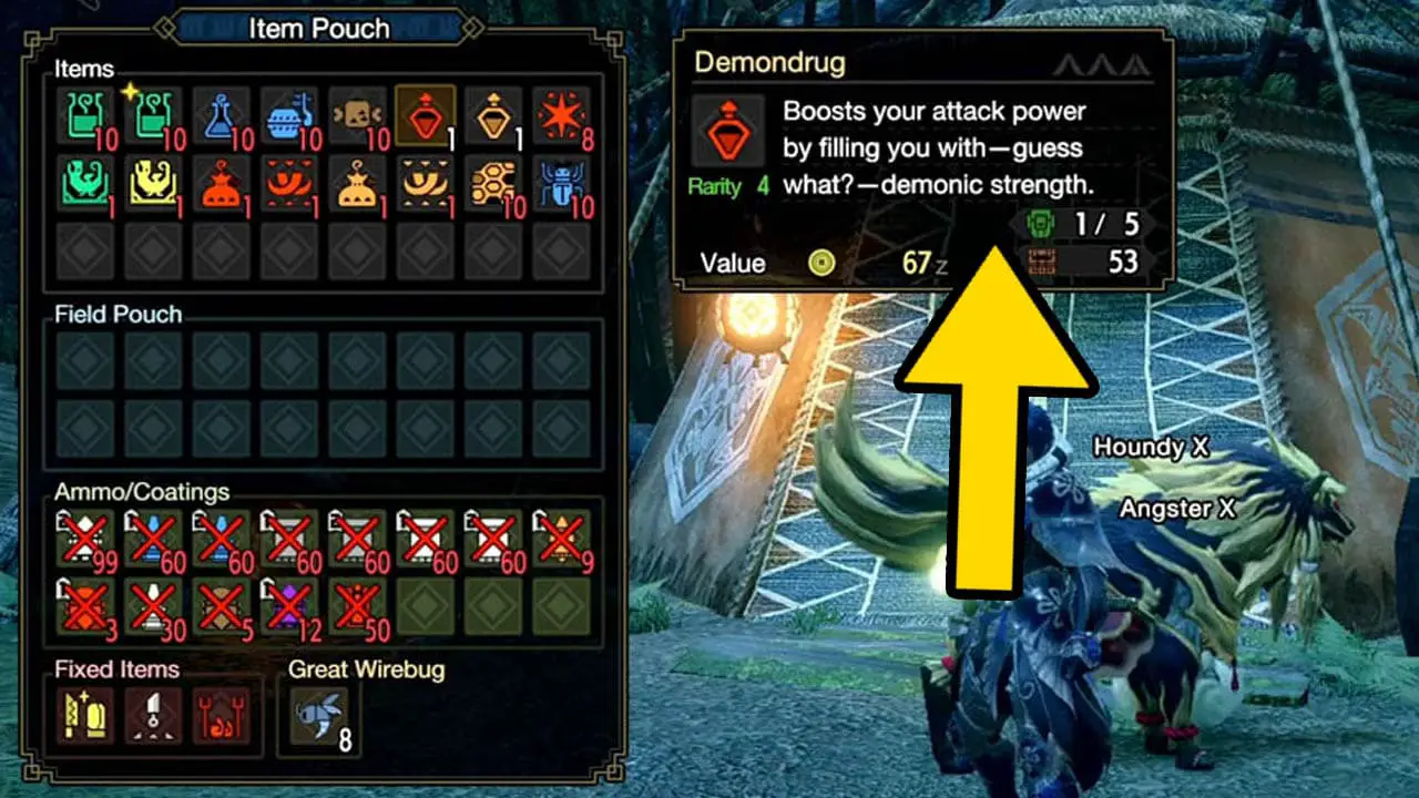 An item screen with a description of a certian item with a yellow arrow pointing at the written, on-screen description