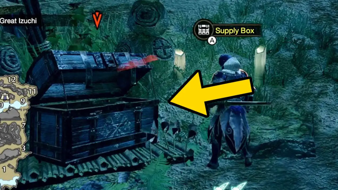A hunter standing next to a blue box with a yellow arrow pointing at the box