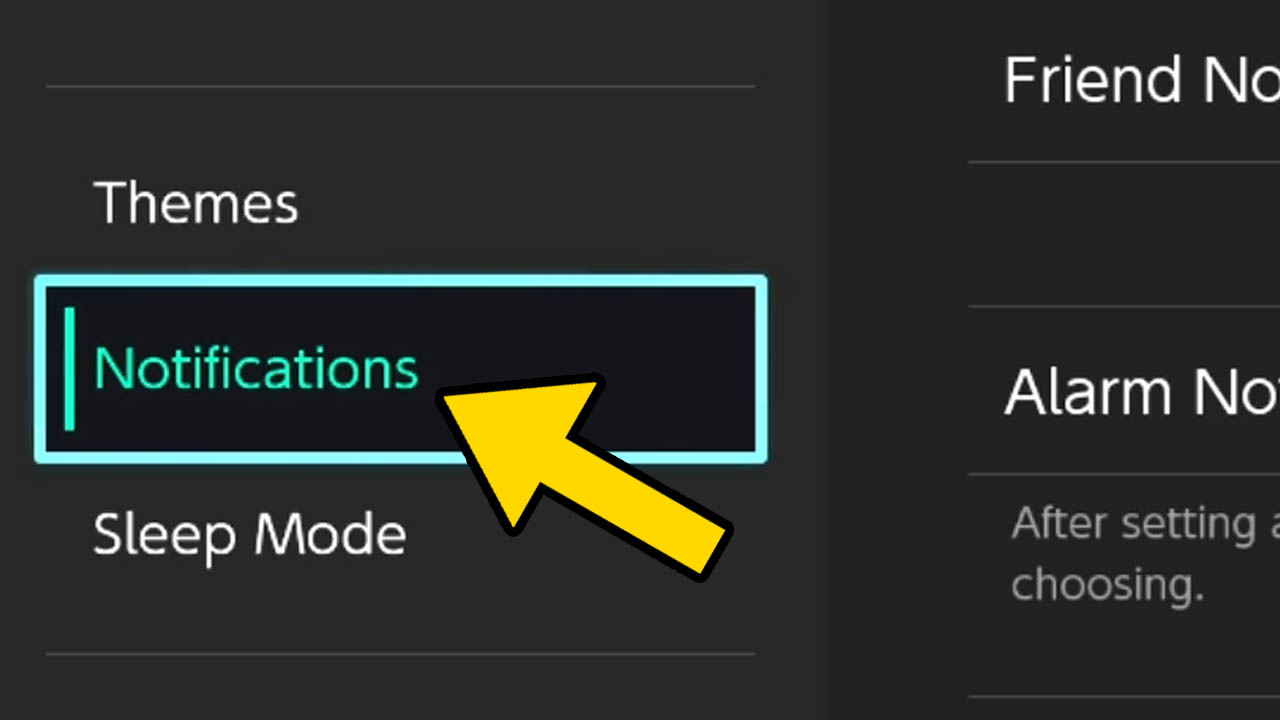 Nitnendo Switch gray menu screen with a list of options in white or blue text wit ha yellow arrow pointing at the word Notifications