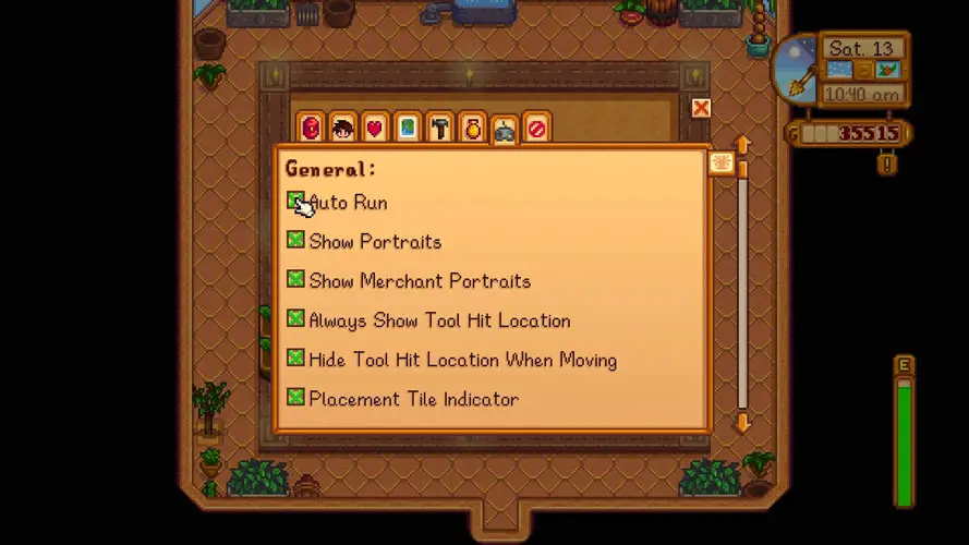 a menu scrfen with a list of in-game options for the player (stardew valley screnshot)