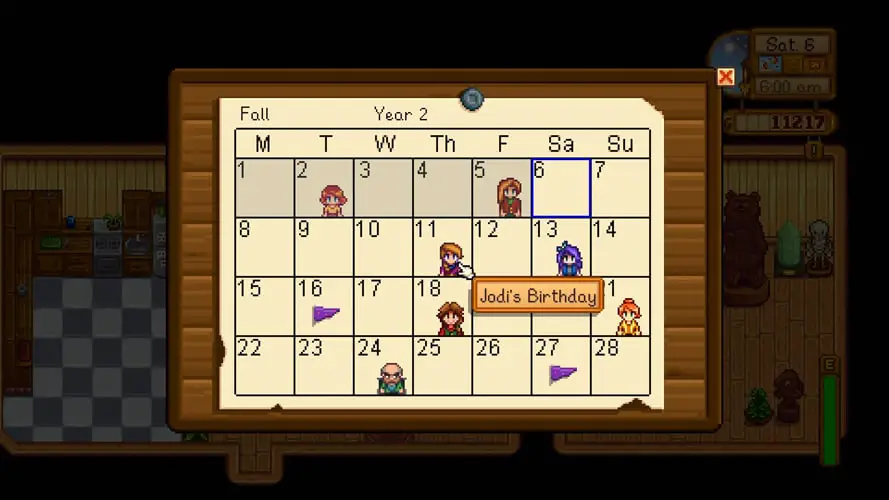 A calender with people's faces on specific days (stardew valley screenshot)
