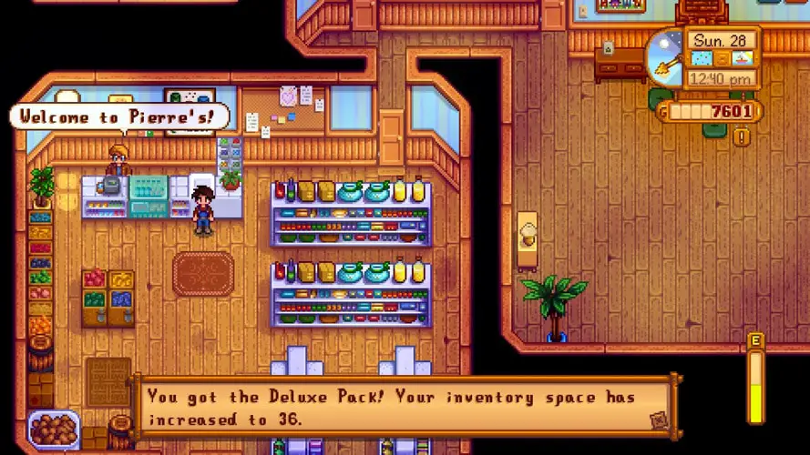 A boy inside a store, waiting at the counter with a text message on screen (stardew valley screenshot)