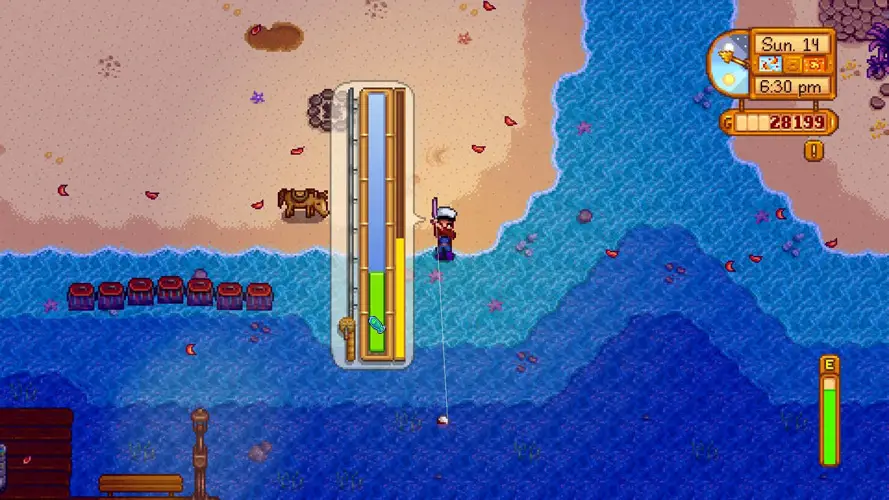 A boy at a beach fishing with a fishing bar on screen (stardew valley screenshot)