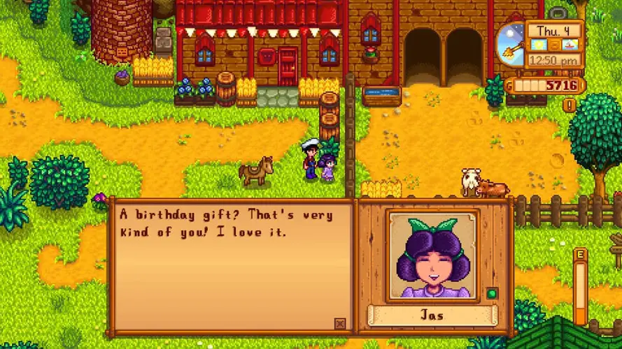 A boy talking to a girl next to a animal store outside on farmland (stardew valley screenshot)