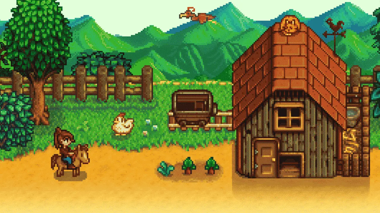A farm with a woman on a horse next to a barn and chicken; green hills in the backgorund (stardew valley screenshot from official website)