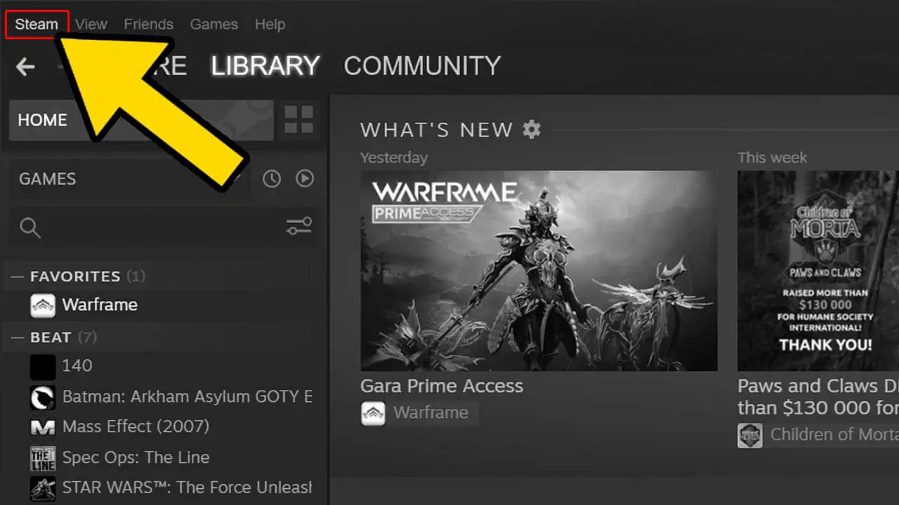 List of games and pictures with a yellow arrow pointing at the word Steam (with a red outline around it)