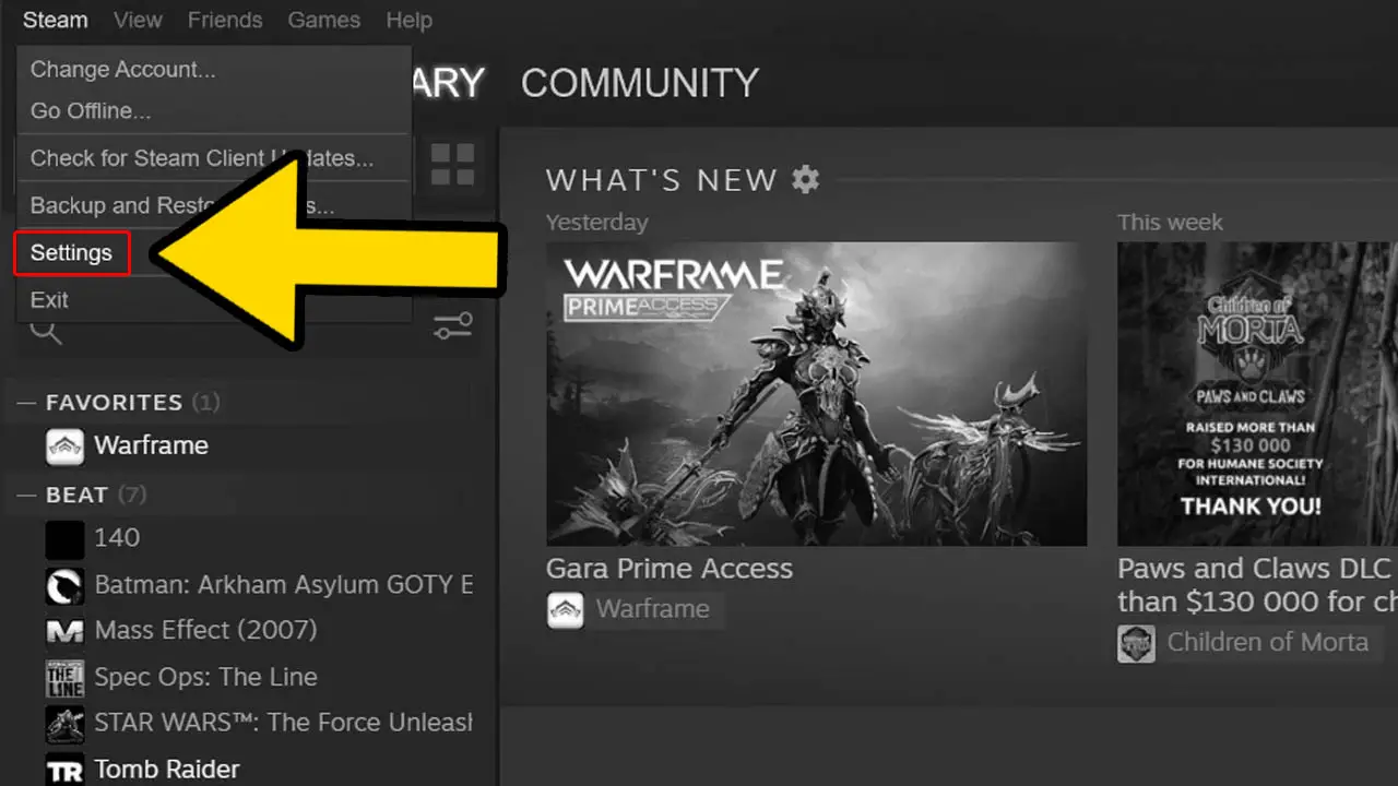 A list of games and game pictures with a drop down settings menu open and a yellow arrow pointing to hte word Settings (with a red box around it)