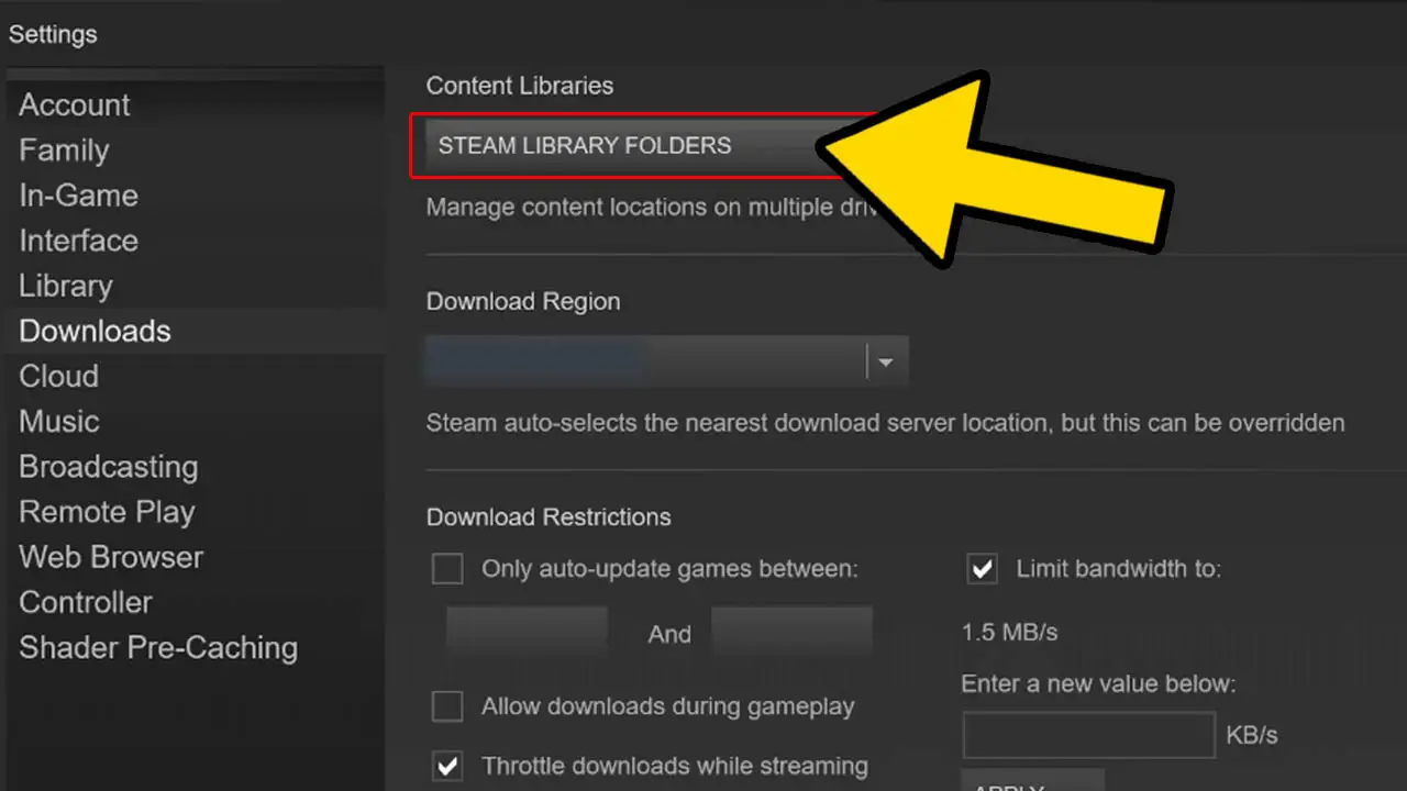 A list of options with a yellow arrow pointing at the Steam Library Folders button (with a red box around it)