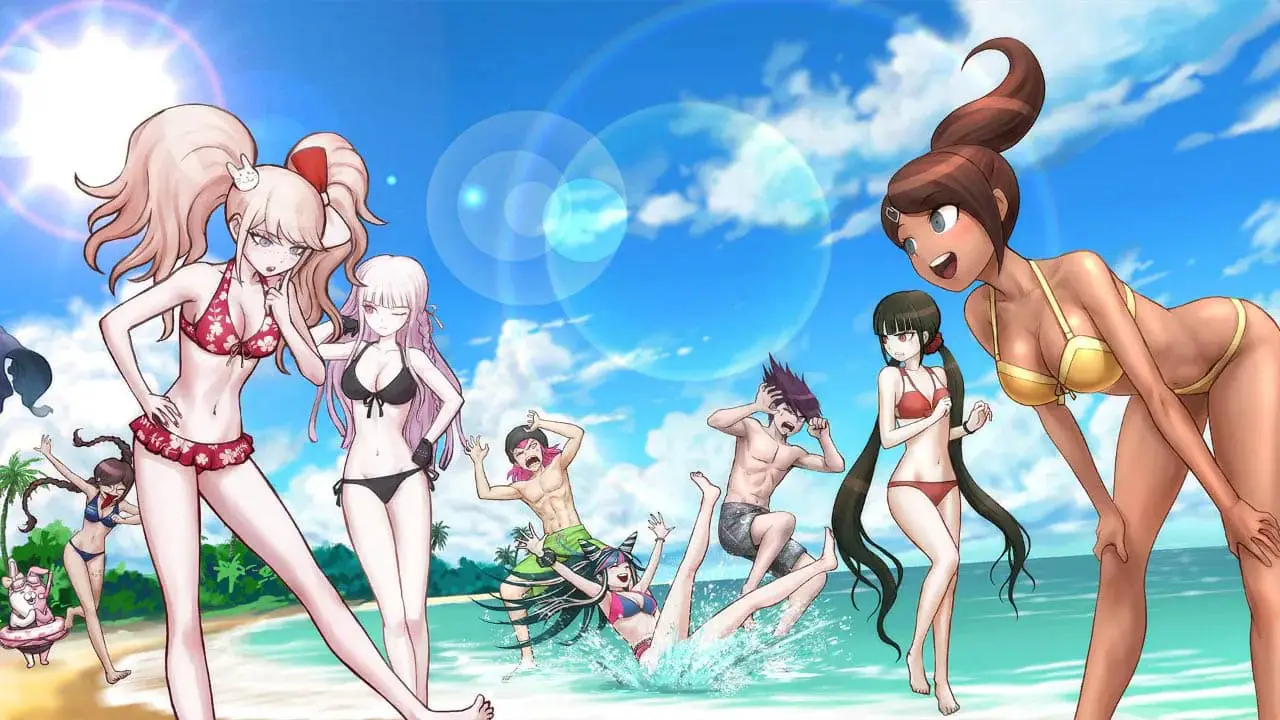 Men and women anime characters in bathing suits on a beach (Nitnendo Switch screenshot 2021)