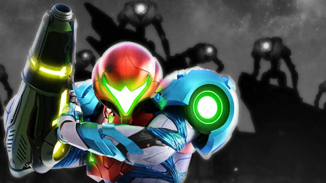 Samus in her armor with a group of robot eneimes behind her (Metroid Dread official art)