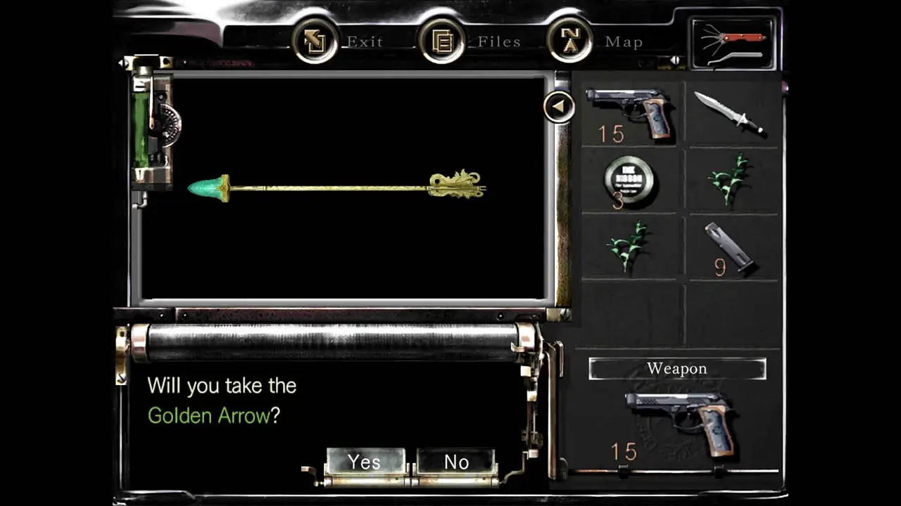 An inventory screen with items and an arrow item