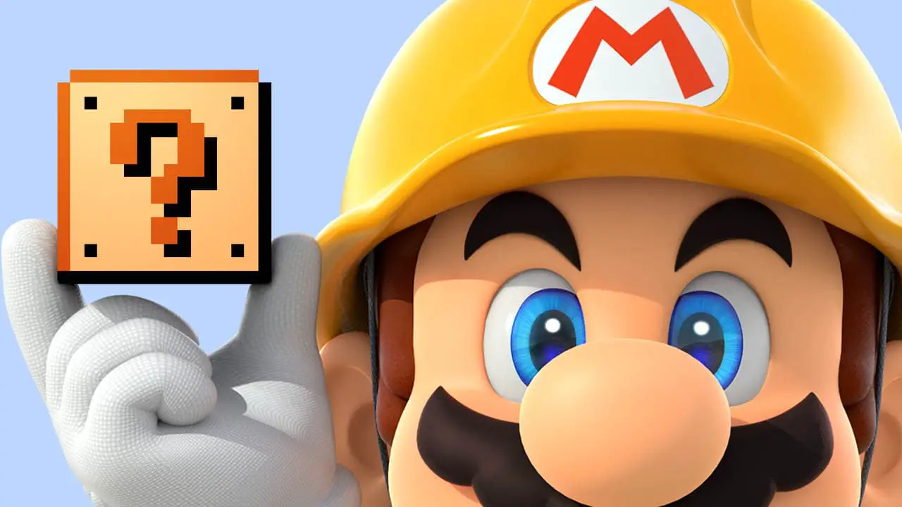 A clsoe up of Builder Mario in his yellow hard hat holding a question block
