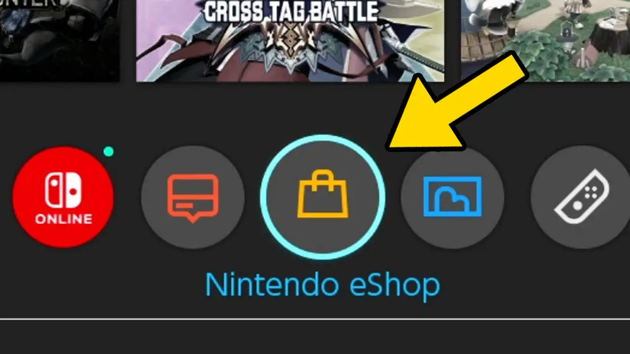 A close up of the Nintendo Switch app icons with a yellow arrow pointing at the Nintendo eShop app icon