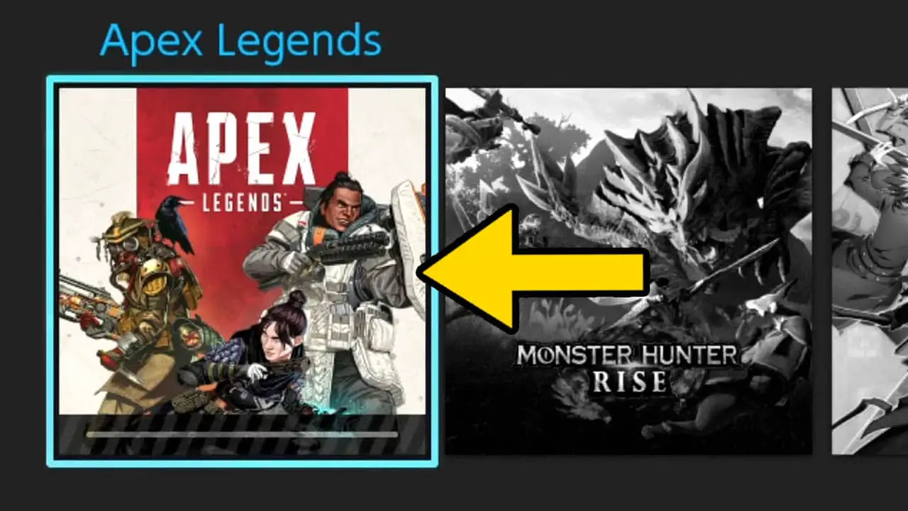 Apex Legends Nintendo Switch icon with a yellow arrow pointing at it
