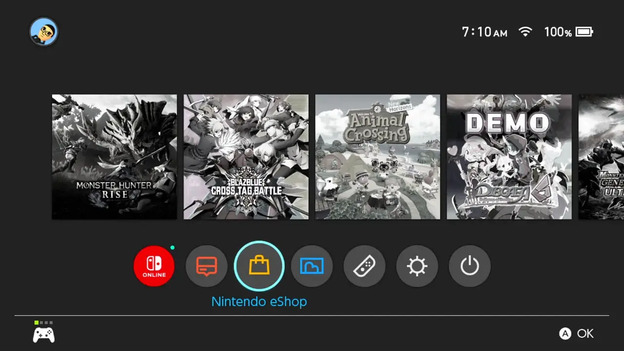 Nintendo Switch Home Menu with a list of game icons and app icons below them