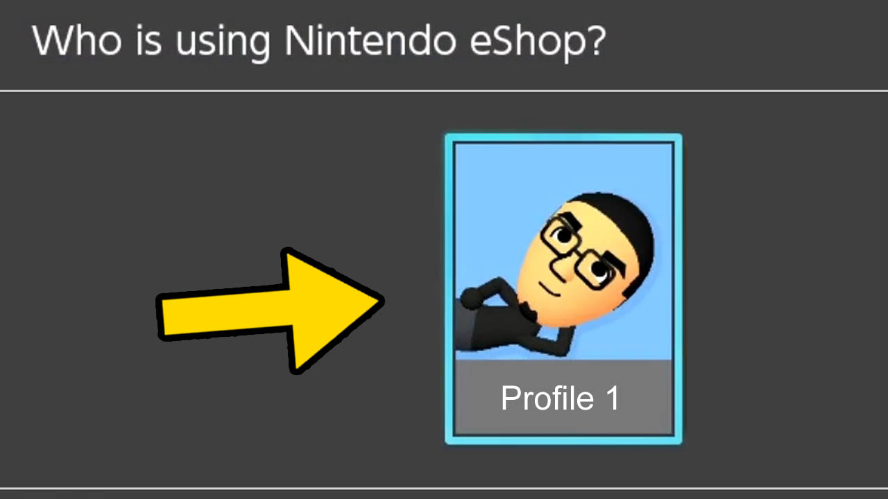 A mii account profile for the Nintendo Switch with a yellow arrow pointing at it