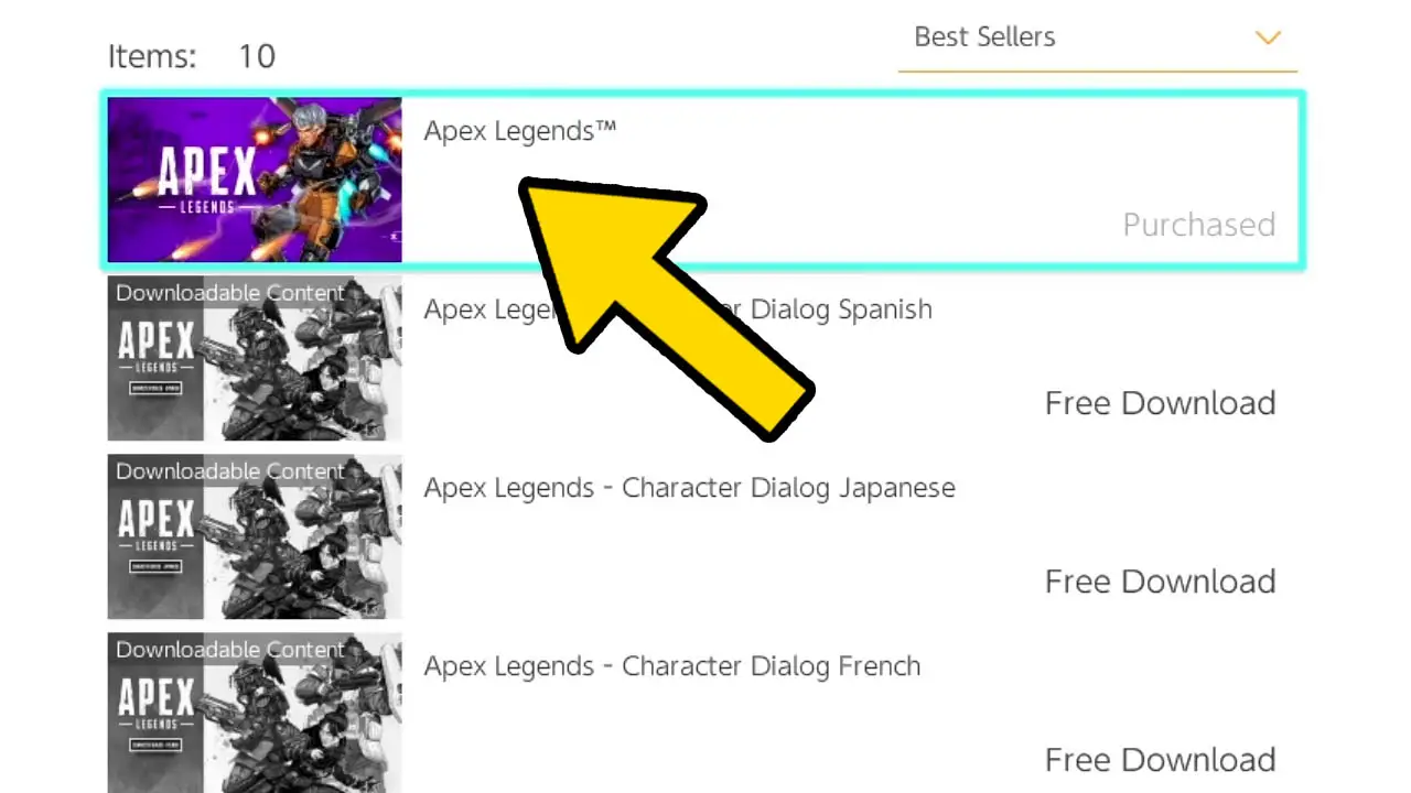 A lsit of Apex Legends downloads on the Nintendo Switch eShop with a yellow arrow pointing at the game download at the top of the list