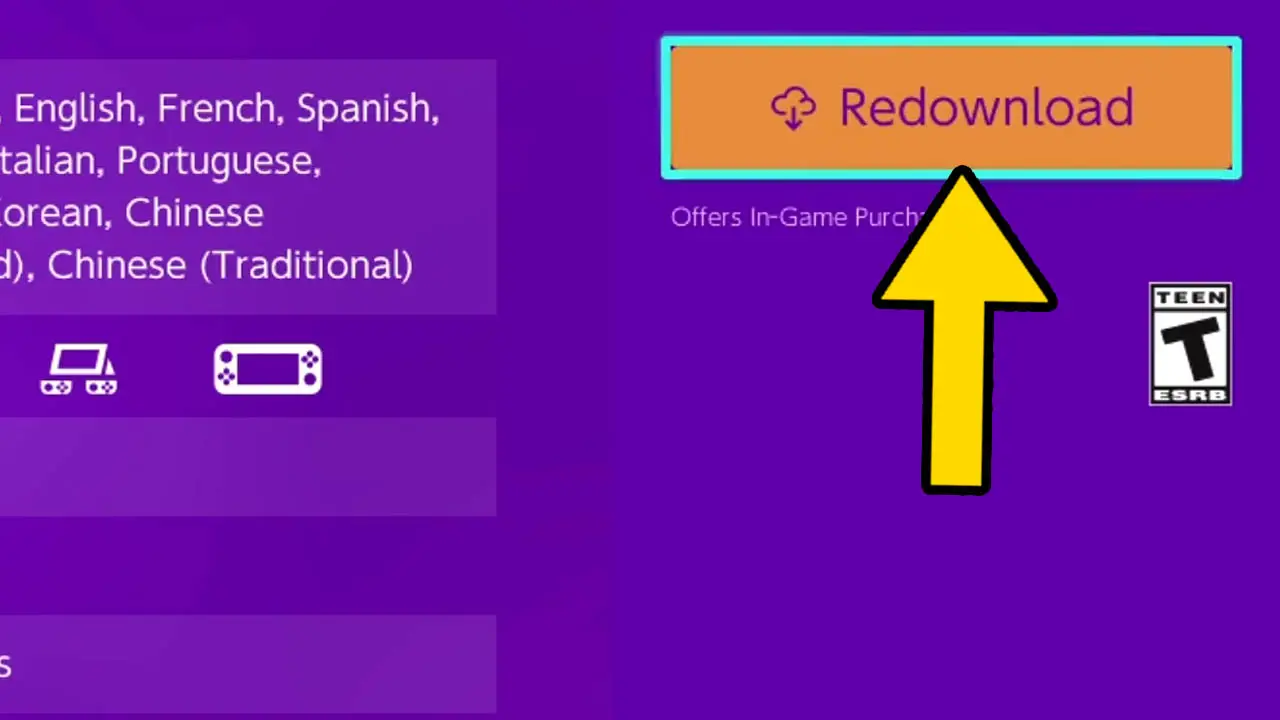 Purple screen with an orange download button and a yellow arrow pointing to it