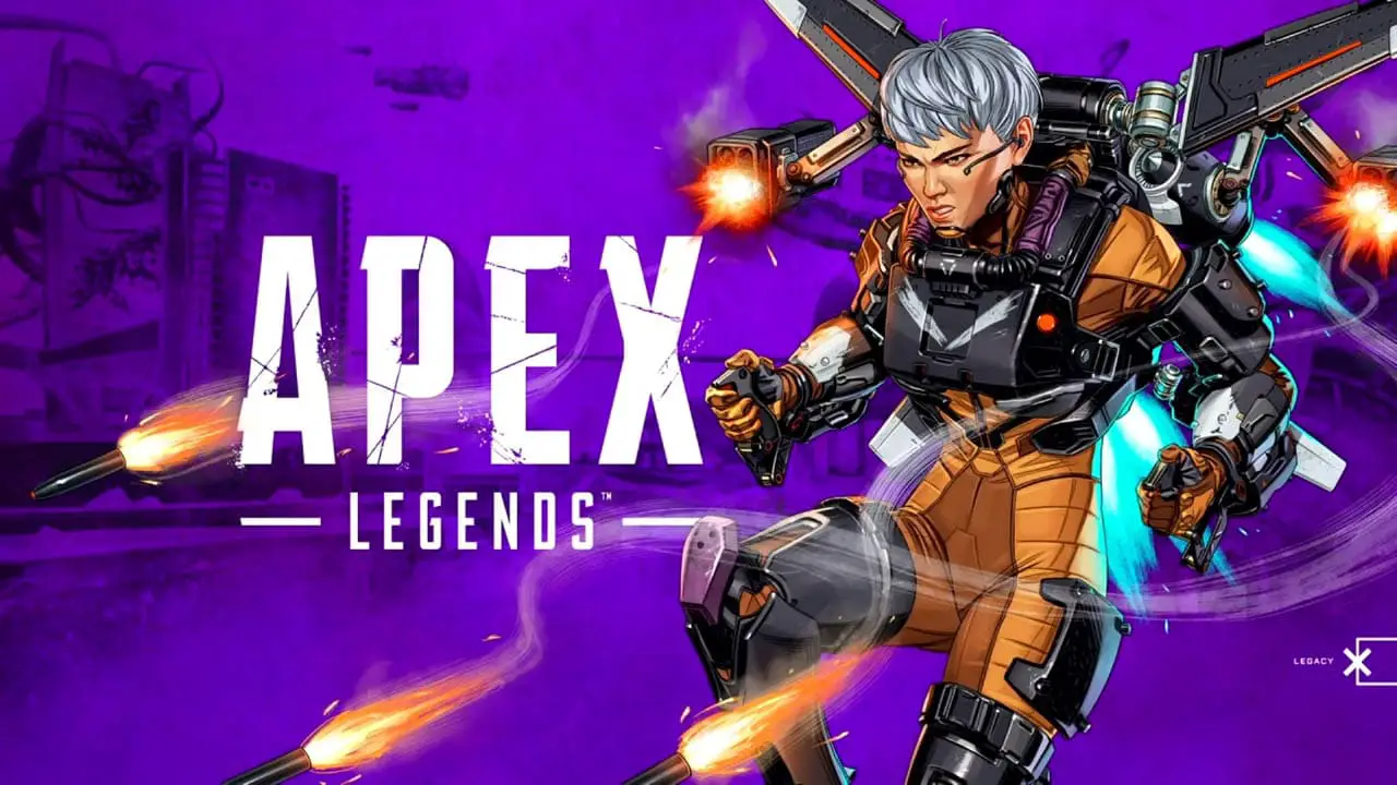 An angry woman in an orange suit, flying next to the Apex Legends logo