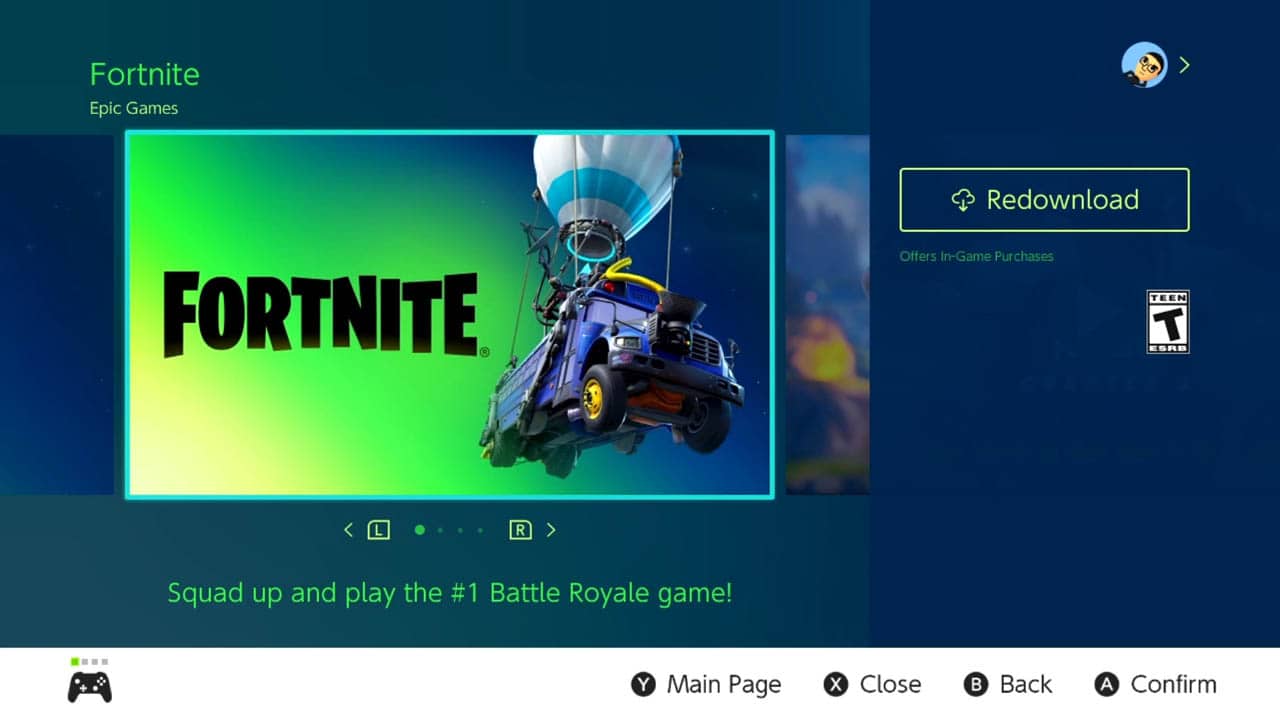 Fortnite Switch produuct page with a fotnite image and information below it