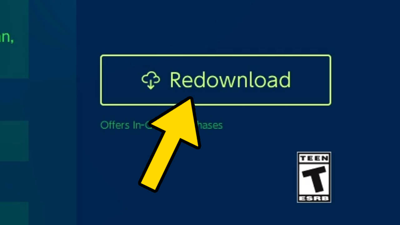 A yellow arrow poinitng at a Redownload button