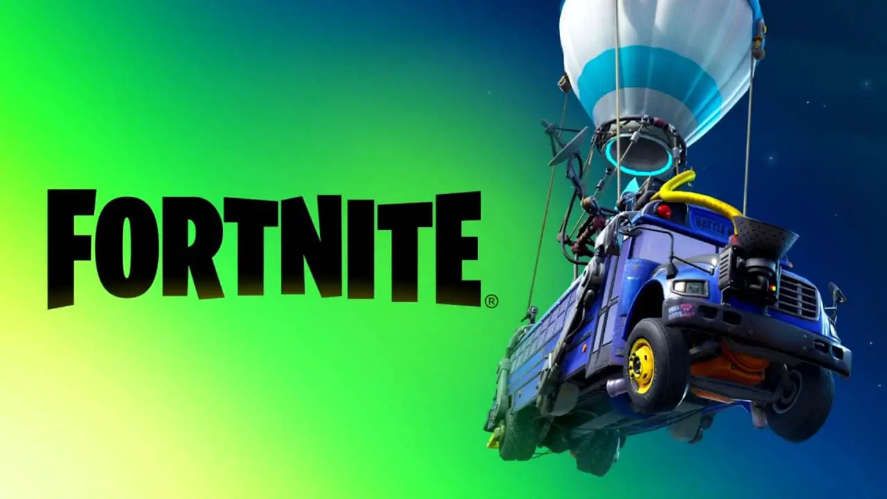 A Fortnite logo next to a floating bus in front of a green and blue background