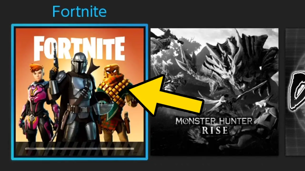 Fortnite Nintendo Switch icon with a yellow arrow pointing at it