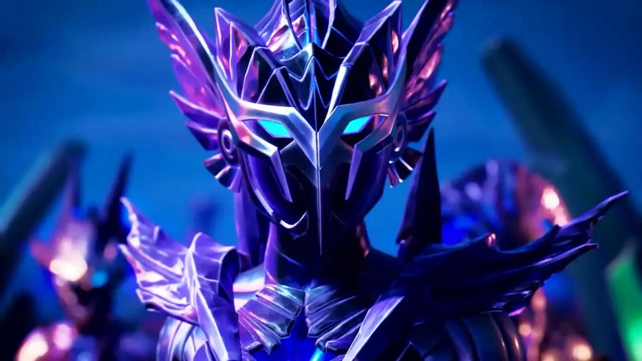 A close up pf a person wearing a blue and purple mask
