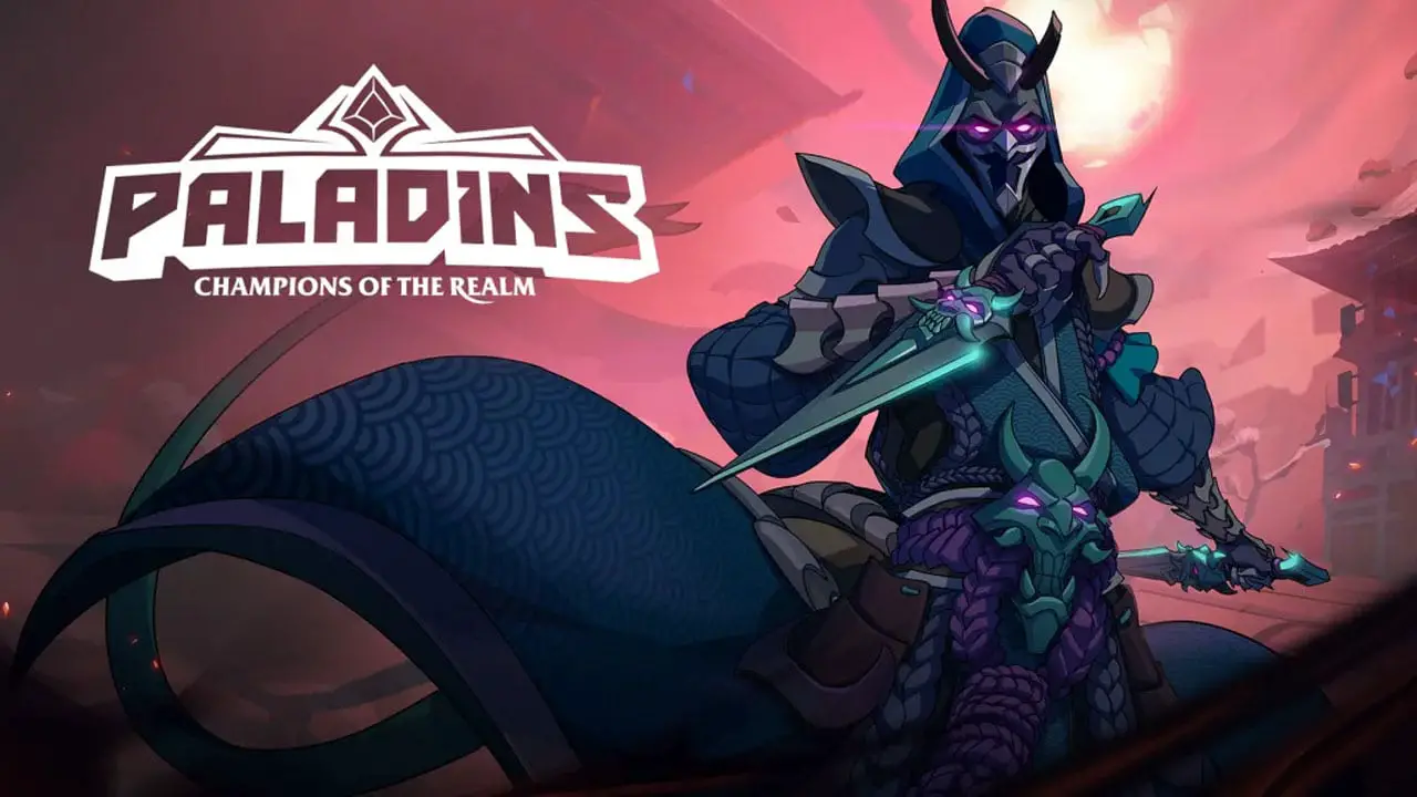 A man in a cloak holding a gun next to the Paladins logo against a pink background