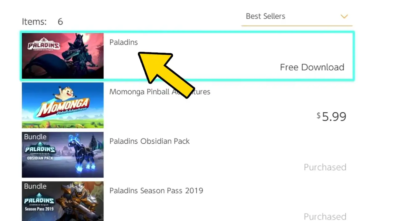A list of Nintendo Switch apps with a yellow arrow pointing at Paladins