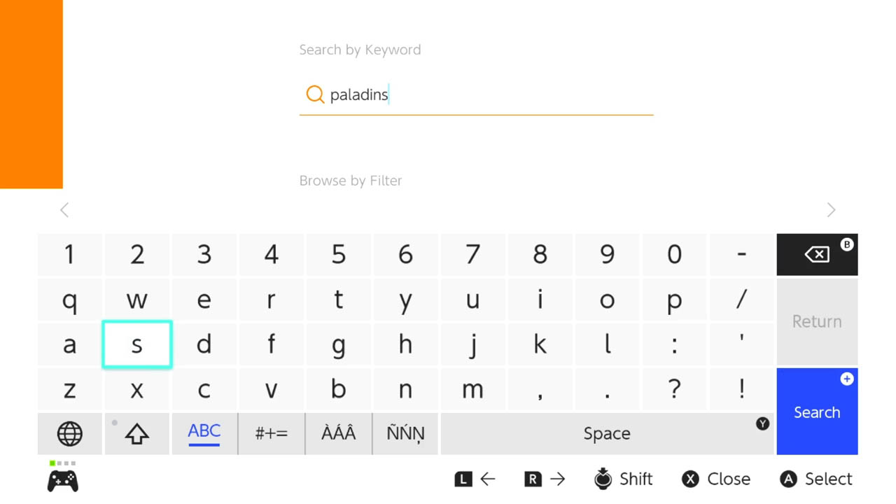 An on screen keyboard with the word Paladins typed into the search field