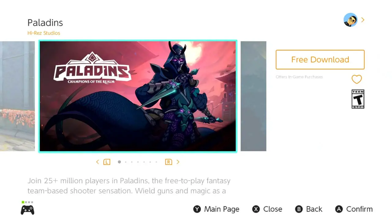 Paladins product page witth an image of hte game and game details on a white background