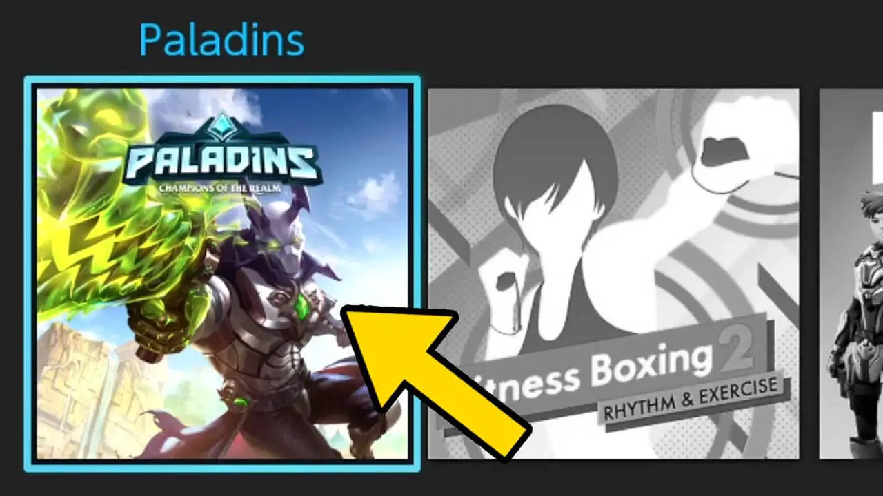 Paladins Nintendo Switch game icon with a yellow arrow pointing at it