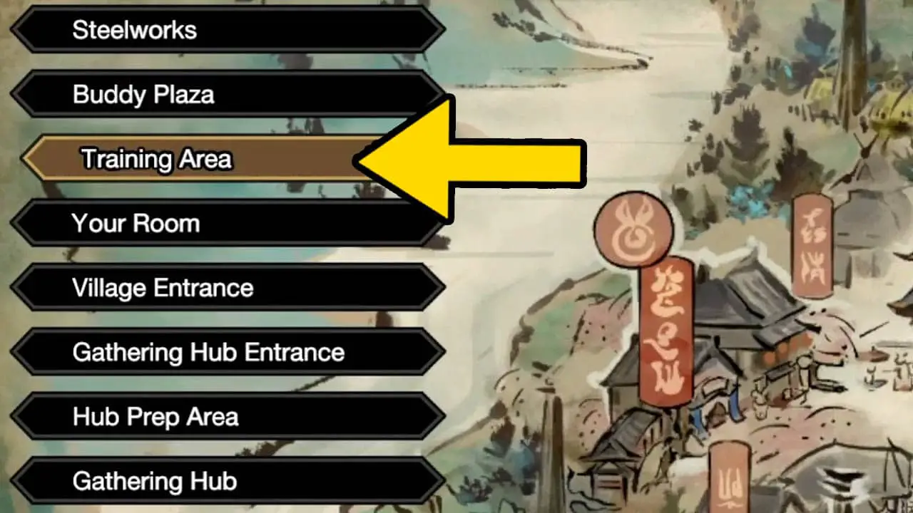 A list of locations with a yellow arrow pointing at Training Area