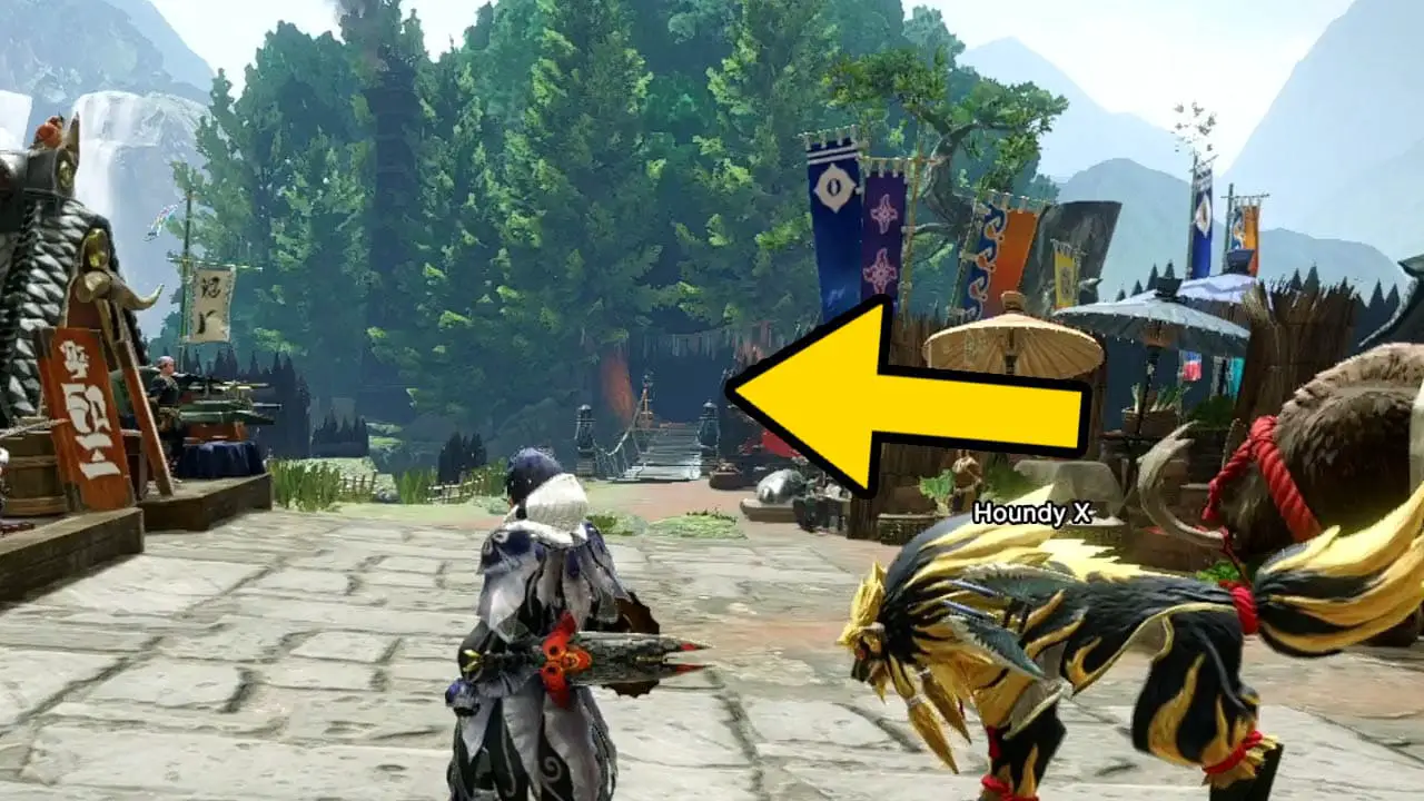 A hunter in a village with a yellow arrow pointing at a forest entrance