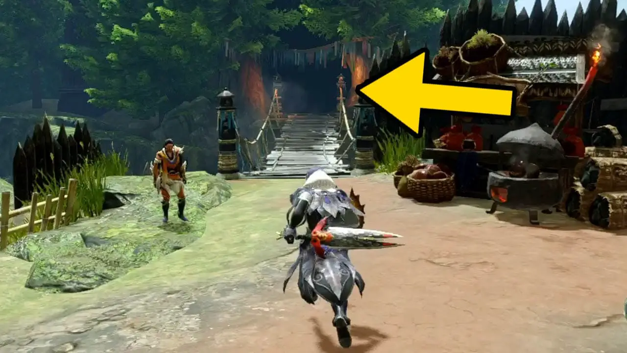 A hunter running towards a forest entrance with a yellow arrow pointing at the entrance