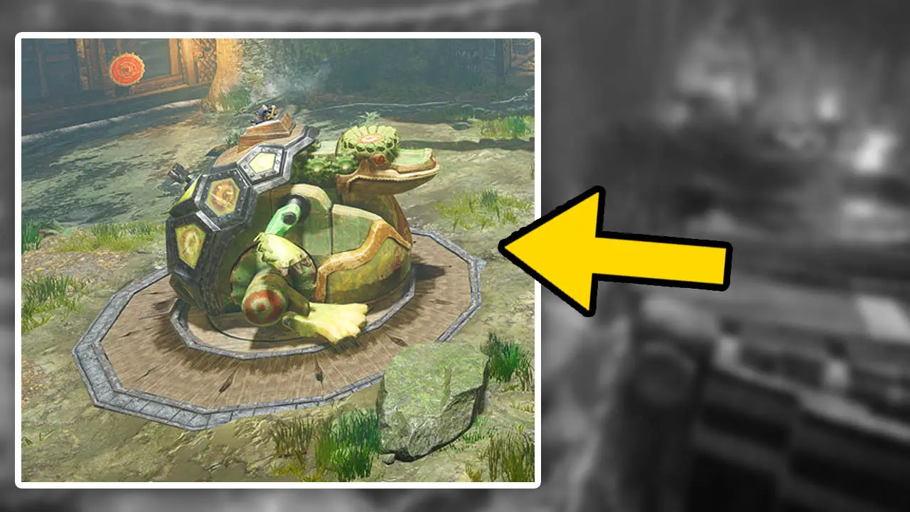 A giant turtle monster dummy in an arena with a yellow arrow pointing at it