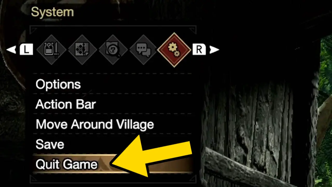 On-screen list of options with yellow arrow poinitng at Quit Game