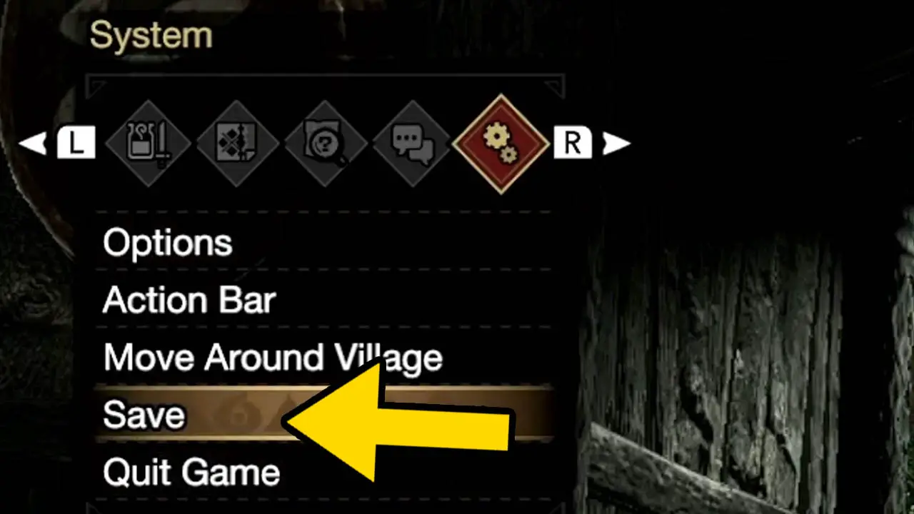 On-screen list of options with yellow arrow poinitng at Save