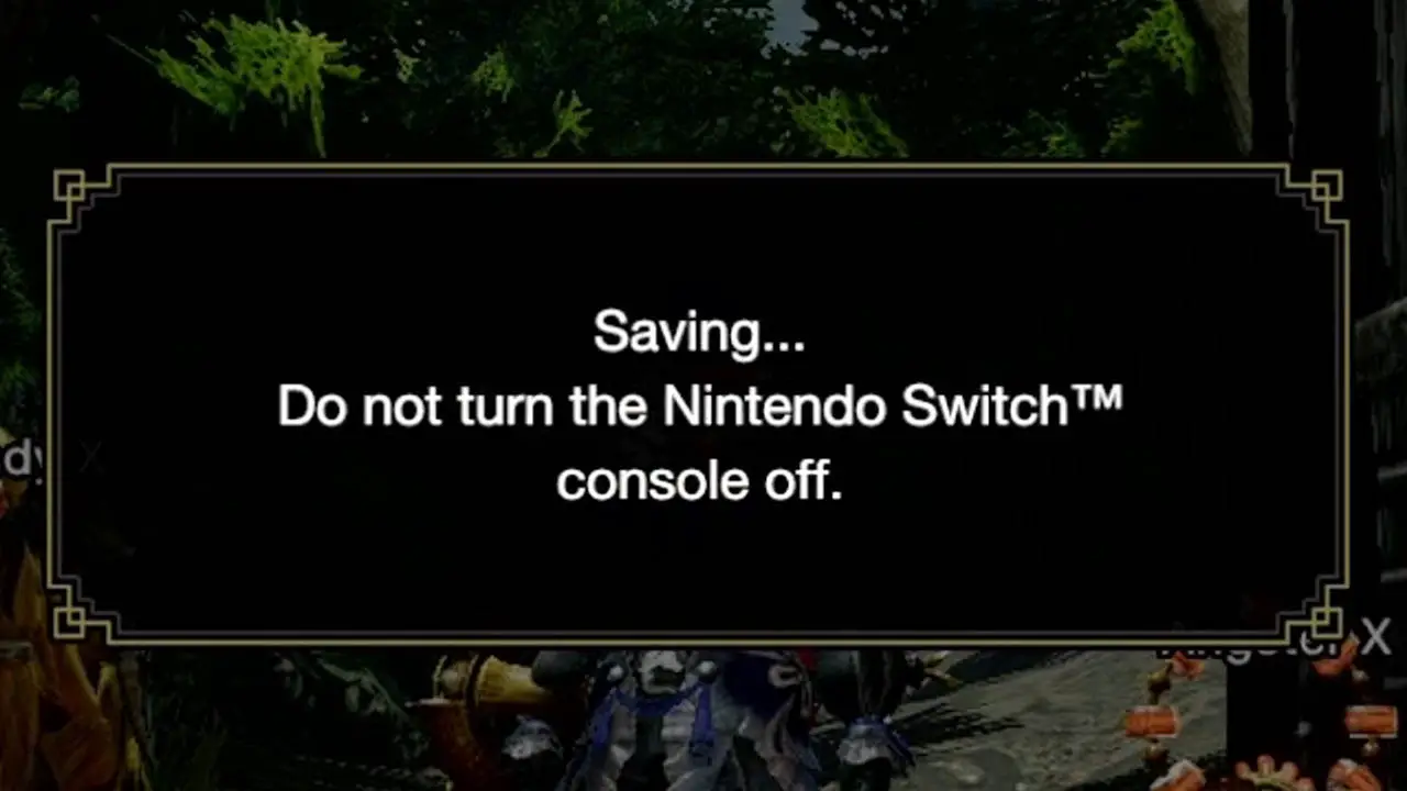 On-screen Saving message explaining not to turn off console