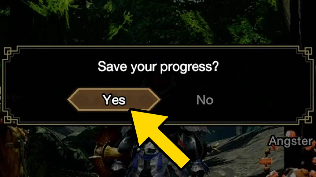 Save progress on screen menu with yes or no options and a yelllow arrow pointing at yes