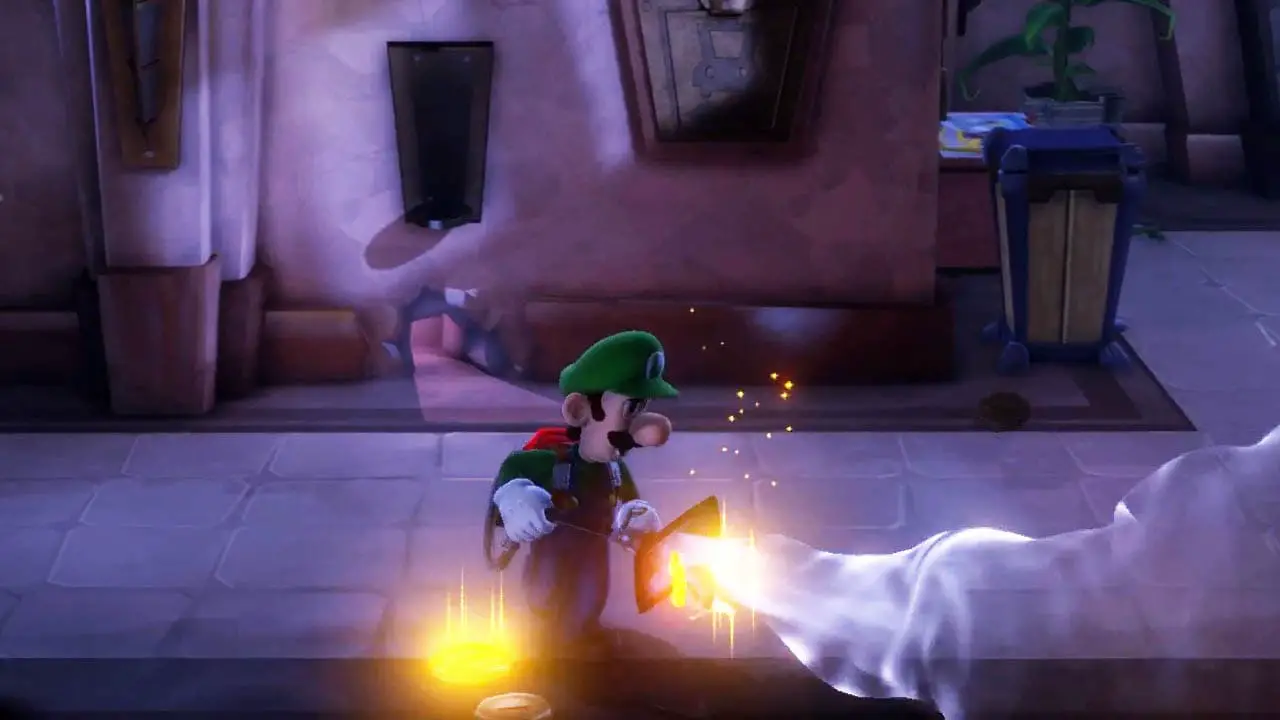 Luigi sucking up coins in a hall