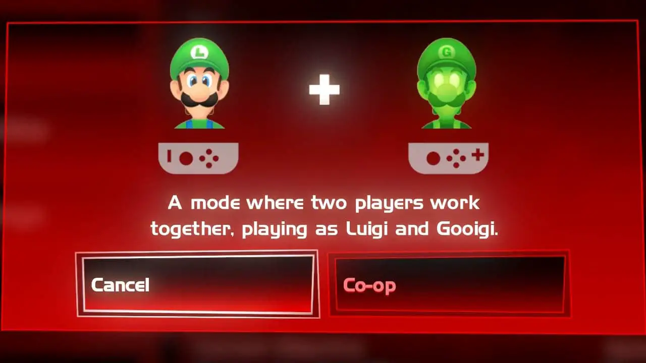 Red on-screen menu with Luigi and Gooigi face icons with the option to play Co-op