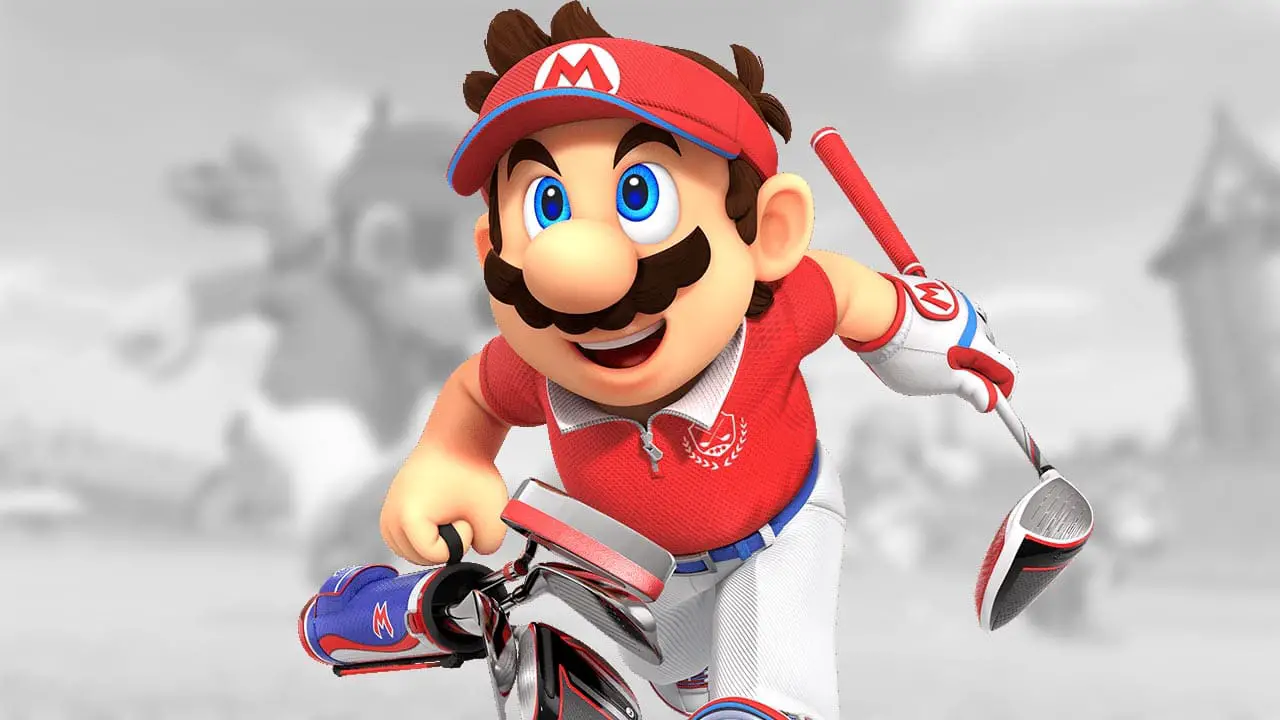 Mario smiling, wearing golf attire and holding golf clubs (Mario Golf Super Rush official art)