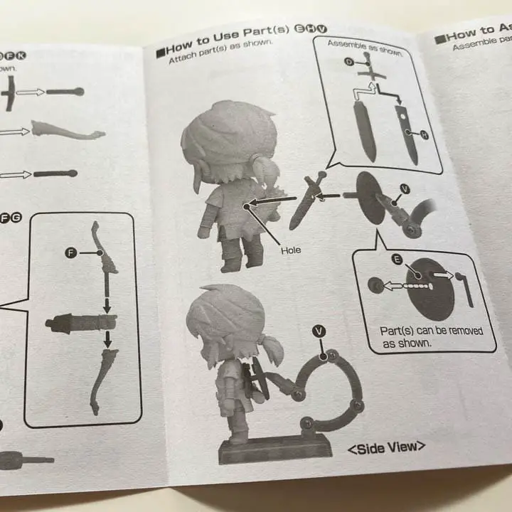 An instruction booklet opened up with details of how to connect the figure (link nendoroid unboxing)
