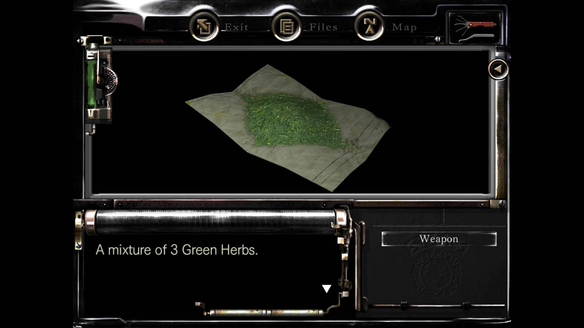 Green herb on parchment paper (Resident Evil 1 Remake inventory screenshot)