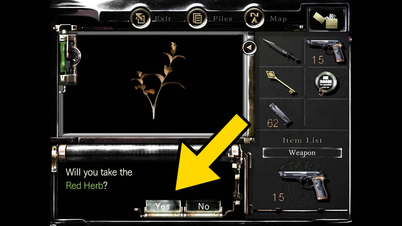 An inventory screen with a herb and a yellow arrow pointing at the word "Yes" (Resident Evil herb guide)