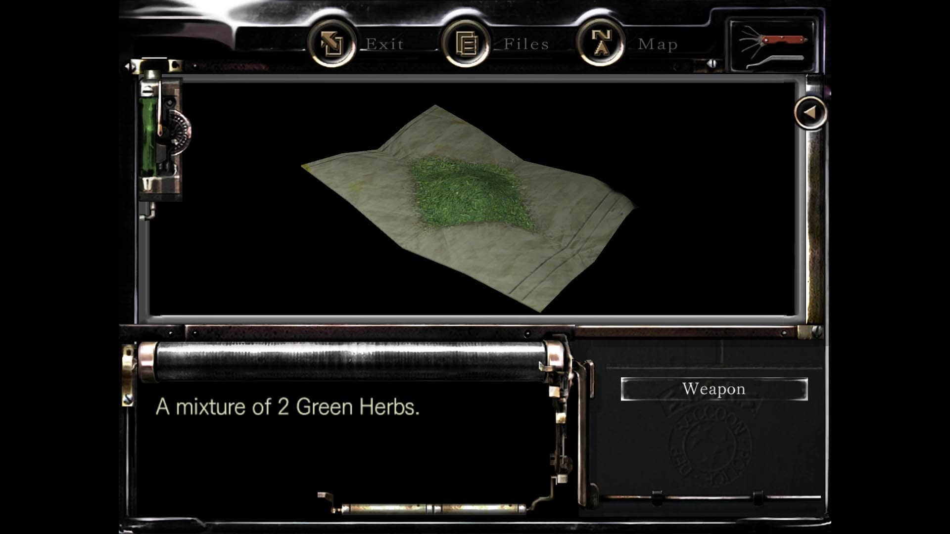 Green herb on parchment paper (Resident Evil 1 Remake inventory screenshot)