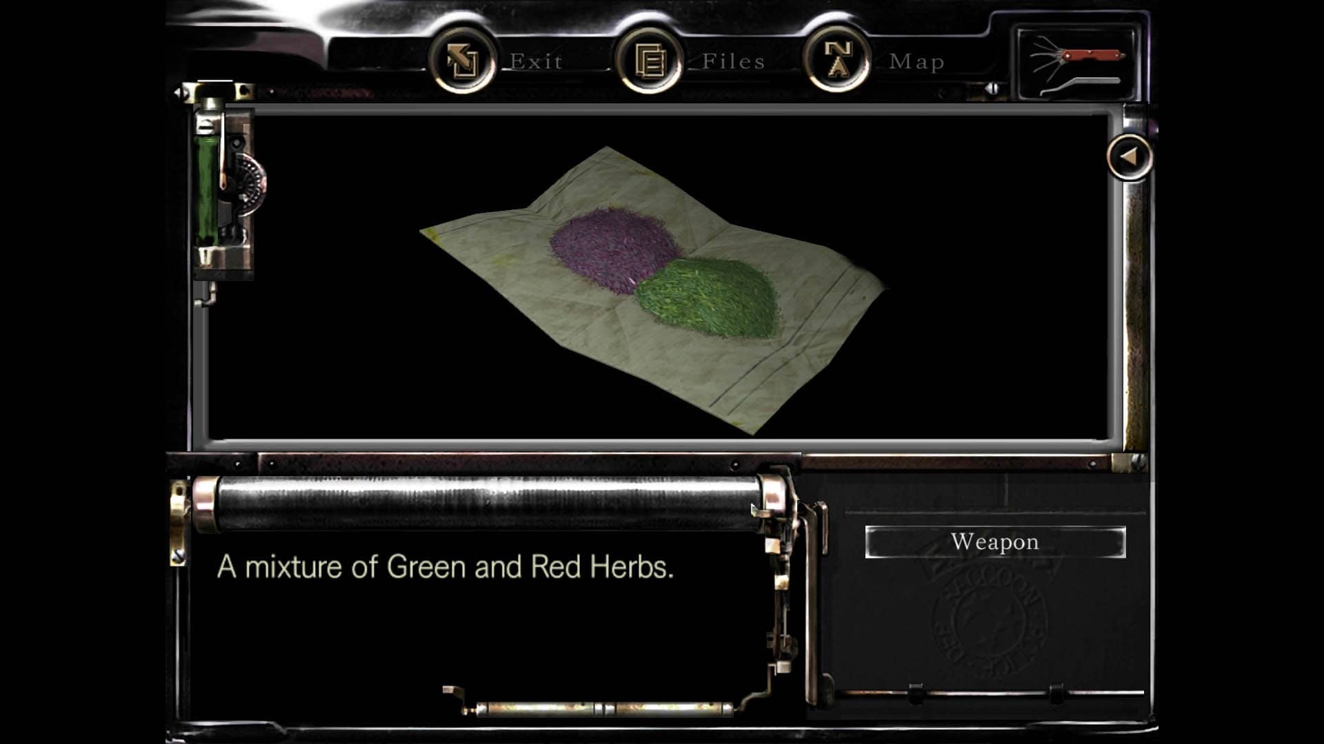 Red and green herb on parchment paper (Resident Evil 1 Remake inventory screenshot)